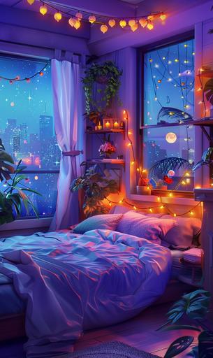 purple lights lit up a bedroom, in the style of dreamlike illustrations, colorful cityscapes, kawaii charm, detailed marine views, realistic color palette, romanticized views, light orange and turquoise --ar 19:32