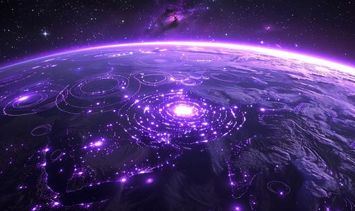 purple luminous incandescent crop circles over all earth, orbit view --ar 5:3