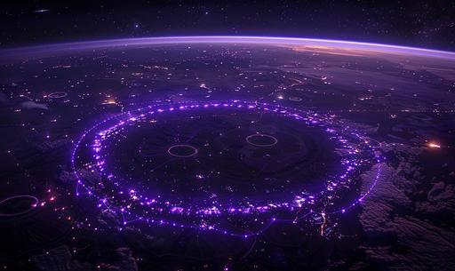 purple luminous incandescent crop circles over all earth, orbit view --ar 5:3