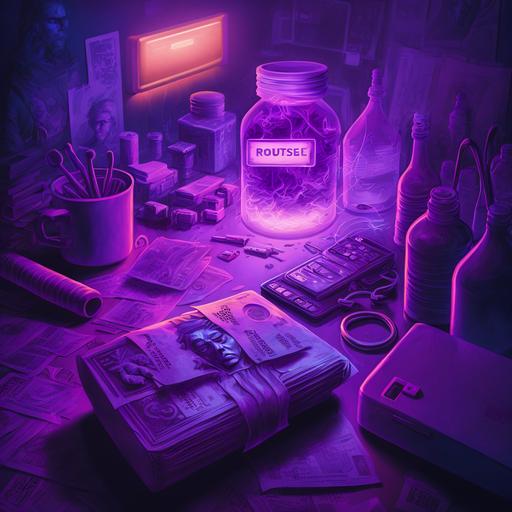 purple neon lights, drug bags, money, cash, night, room, --v 4