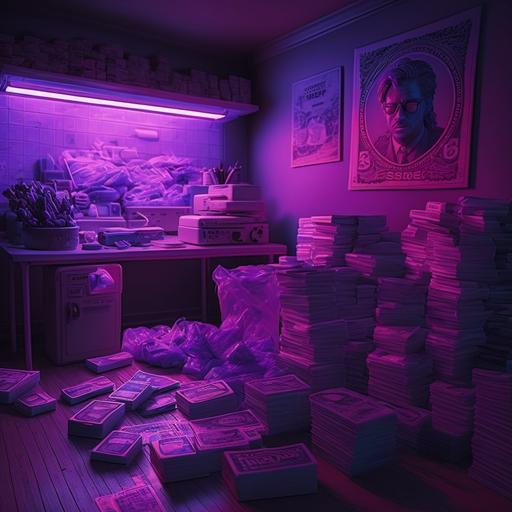 purple neon lights, drug bags, money, cash, night, room, --v 4