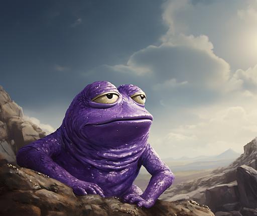 purple pepe the frog discovering a shiny rock. photorealistic
