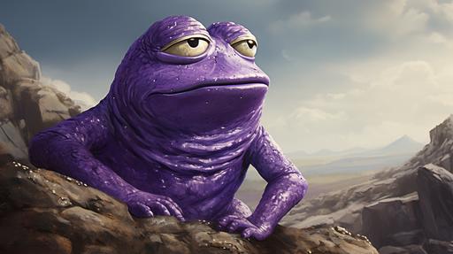 purple pepe the frog discovering a shiny rock. photorealistic --ar 16:9