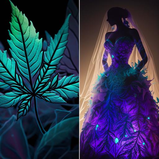 purple/green/blue black light stained glass background infused neon purple/green wedding dress made of marijuana leaves in a smoke filled atmosphere