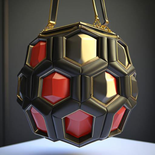 purse, Black leather, hexagon design, red inside, gold zipper, hanging from the ceiling, 4k, hyper-realistic