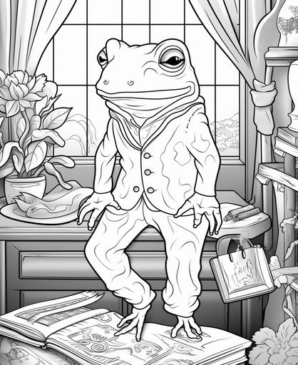 coloring book for kds, cute frog with clothing on, posing in a antique picture frame year 1800, low detail backround,cartoon style, thick lines, low detail, no shading --ar 9:11