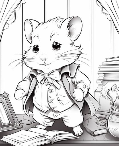 coloring book for kds, cute hamster with clothing on, posing in a antique picture frame year 1800, low detail backround,cartoon style, thick lines, low detail, no shading --ar 9:11