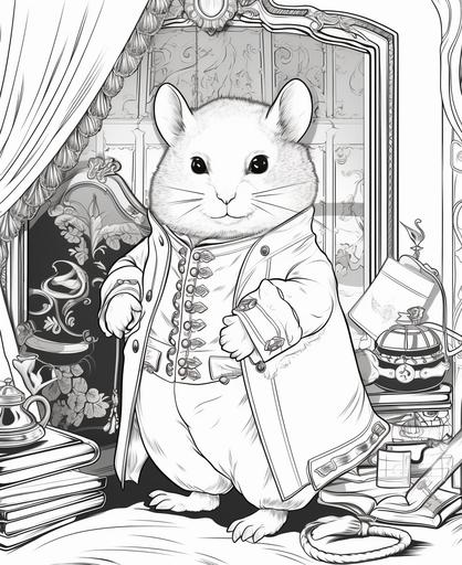 coloring book for kds, cute hamster with clothing on, posing in a antique picture frame year 1800, low detail backround,cartoon style, thick lines, low detail, no shading --ar 9:11