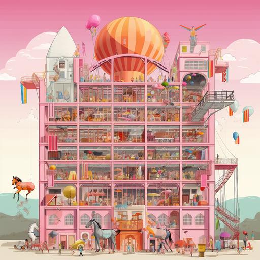 A factory building in the style of Wes Anderson which manufactures unicorns, showing a cross-section of the factory and the different stages of unicorn production. You can see inside every room of the factory. The factory has three floors, with lots of activity. With a unicorn-shaped balloon floating above the factory building.
