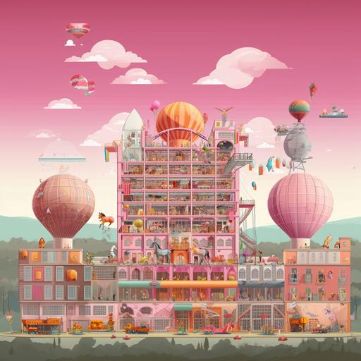 A factory building in the style of Wes Anderson which manufactures unicorns, showing a cross-section of the factory and the different stages of unicorn production. You can see inside every room of the factory. The factory has three floors, with lots of activity. With a unicorn-shaped balloon floating above the factory building.