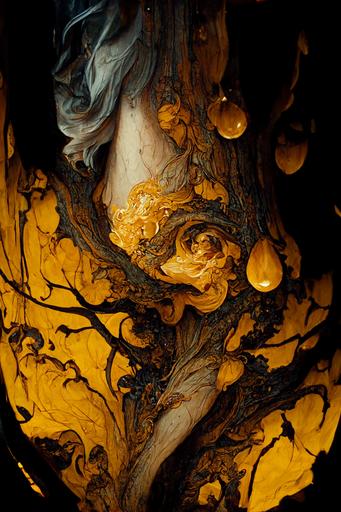 pyromagic fuchsiaorange fluid in a dark twisted oak tree :: Ultra realistic, intricate detail, texture, contrast, wet, kintsugi, rococo, baroque, 24mm lens :: by Alphonse Mucha, Roger Deakins, Moebius, Mohrbacher --ar 4:6 --no blur, dof --s 3333 --q 2