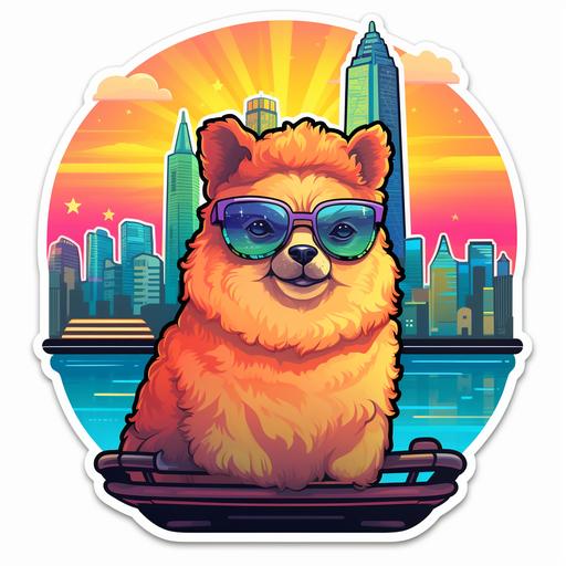 raft a sticker design featuring an alpaca wearing sunglasses and driving an open-top retro car. The backdrop should be a stylized 1980s Japanese urban skyline, complete with vibrant neon lights. Key landmarks like Tokyo Tower and the Rainbow Bridge should be subtly integrated. The ambiance of a city pop tune should be suggested, perhaps with musical notes or a radio emanating wavy lines. Borders of the sticker should smoothly blend the scene, focusing on the alpaca and key city elements. The overall color palette should evoke nostalgia and vibrant energy, representing the essence of the city pop era. The sticker shape should be rounded, with soft edges to enhance its appeal.