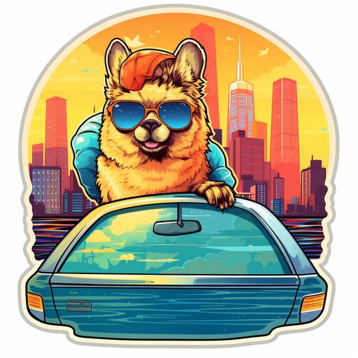 raft a sticker design featuring an alpaca wearing sunglasses and driving an open-top retro car. The backdrop should be a stylized 1980s Japanese urban skyline, complete with vibrant neon lights. Key landmarks like Tokyo Tower and the Rainbow Bridge should be subtly integrated. The ambiance of a city pop tune should be suggested, perhaps with musical notes or a radio emanating wavy lines. Borders of the sticker should smoothly blend the scene, focusing on the alpaca and key city elements. The overall color palette should evoke nostalgia and vibrant energy, representing the essence of the city pop era. The sticker shape should be rounded, with soft edges to enhance its appeal.