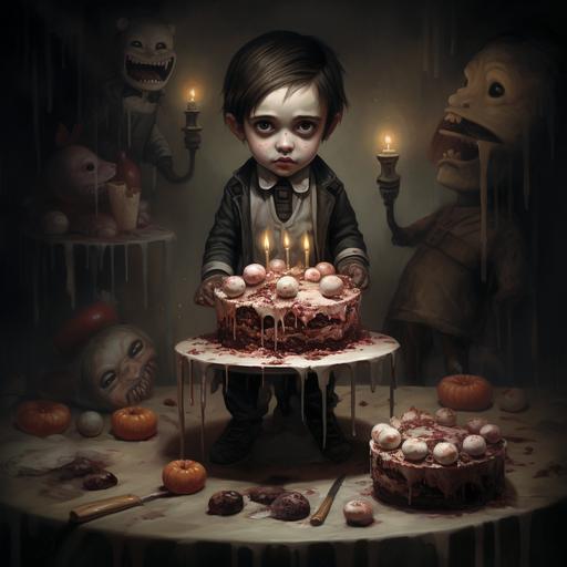 trevor brown,cake,horror,little boy,dark,illustrastion