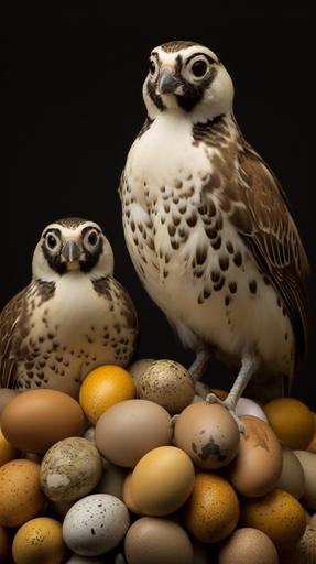 quail eggs, funny looking quails in the background, --ar 9:16