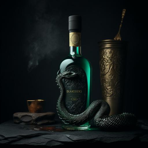 High quality food photography, black background, whiskey liquor bottle with basilisk --v 5 --q 2 --seed 2023
