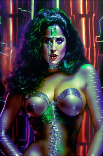 quantumpunk full body view of a stunningly beautiful full bodied, thick and gorgeous cybernetic Latin American heavy metal alternative fashion model woman salma hayek::8 body cage and torn fishnets, surreal infrared bioluminescent laser horror glitch art:: 6 constricted in a matrix of ropes, dripping in bright green flourescent chemical light fluid, shining in a coat of mineral oil, beautiful oil slick glow, double exposure, scifi fantasy art by Kentaro Miura, deathcore fashion aesthetic, piercings and biomech tattoos, strikingly attractive and dangerous female portrait highly detailed stunning epic wallpaper, futuristic stripcore urban nightclub environment, scifi fantasy movie poster with no blur and no text, inspired by H.R. Giger --q 2 --v 4 --ar 2:3 --v 2