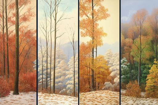 quartered split screen into four wood-framed panels with each panel showing a different seasons::4 no two panels show the same season::3 in chronological order, with the leftmost panel showing Spring, the left middle panel showing Summer, the right middle panel showing Autumn, and the rightmost panel showing Winter::1 style of willard l. metcalf::3 bright, saturated colors::2 --ar 3:2 --v 5