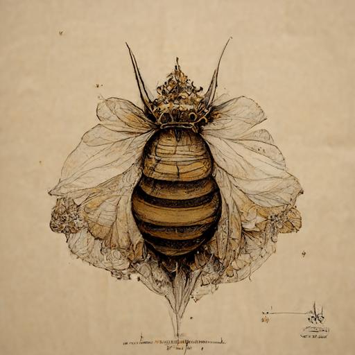 queen bee, hyperdetailed, line drawing, leonardo da vinci, illustrated, fanatsy, garden