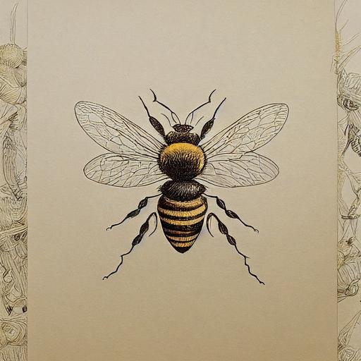 queen bee, hyperdetailed, line drawing, leonardo da vinci, illustrated, fanatsy, garden --test --creative --upbeta