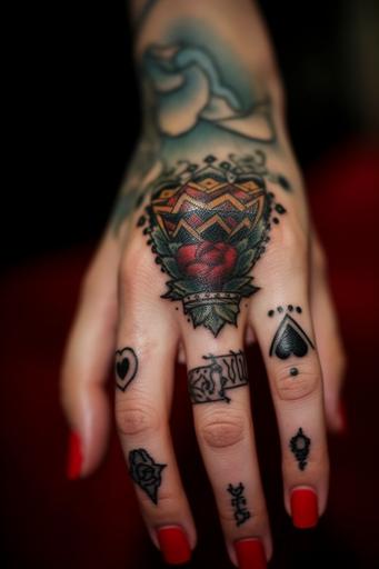 queen of hearts tattoo finger --ar 2:3 --v 5 --s 750