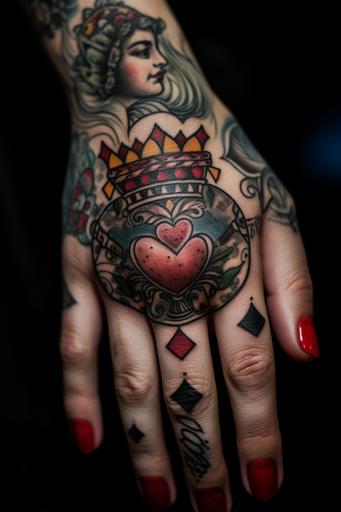 queen of hearts tattoo finger --ar 2:3 --v 5 --s 750