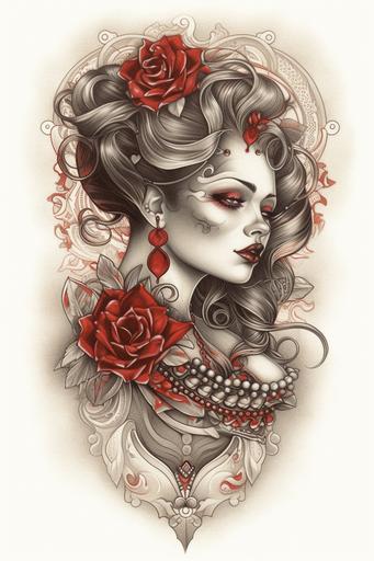 queen of hearts tattoo small, tattoo sketch, white background --ar 2:3 --v 5 --s 750