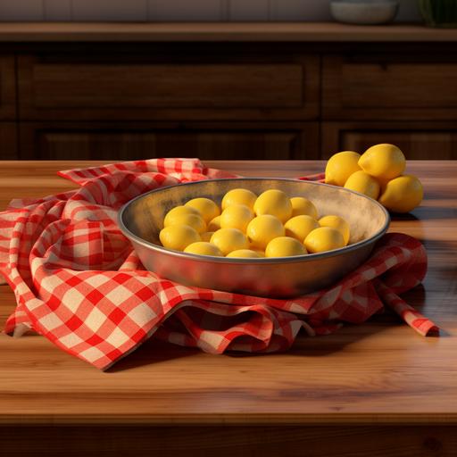 a pie pan full of solid frozen lemons, the pan is sitting on a wooden kitchen counter with a red checkered towel next to it, photoreal