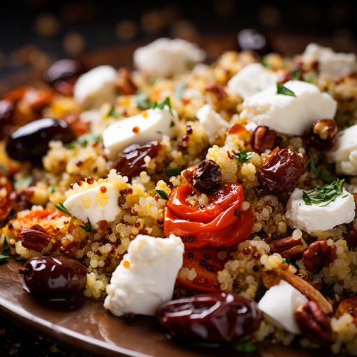 quinoa dressed with Mozzarella, sun dried tomatoes and Olives, macro photo