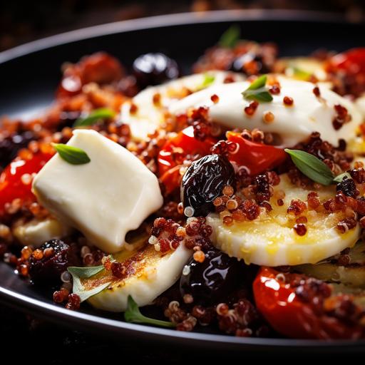 quinoa dressed with Mozzarella, sun dried tomatoes and Olives, macro photo