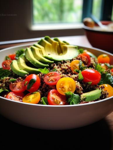 quinoa salad with tomato and avocado, in the style of karencore, sabattier filter, yellow and bronze, goosepunk, chaotic academia, comfycore, asymmetry --ar 3:4