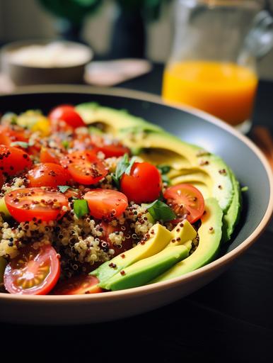 quinoa salad with tomato and avocado, in the style of karencore, sabattier filter, yellow and bronze, goosepunk, chaotic academia, comfycore, asymmetry --ar 3:4
