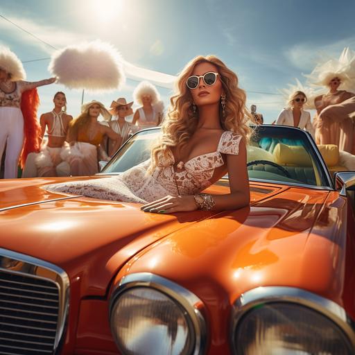 winning studio photography, realistic, 15 models in pop outfits with 70s style sunglasses, in a Mercedes Maybach 6 convertible, hair in the wind, Californian style, atmosphere as decor like David Hochney