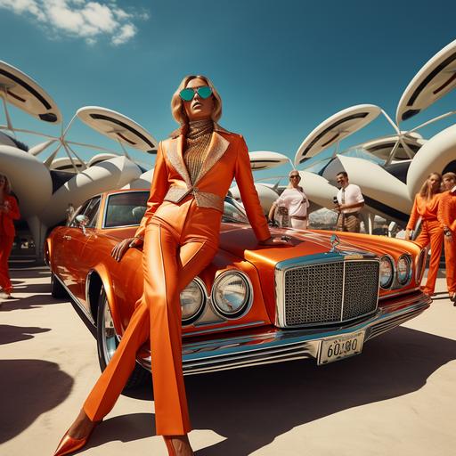 winning studio photography, realistic, 15 models in pop outfits with 70s style sunglasses, in a Mercedes Maybach 6 convertible, hair in the wind, Californian style, atmosphere as decor like David Hochney, fish eye, main mannequin standing,