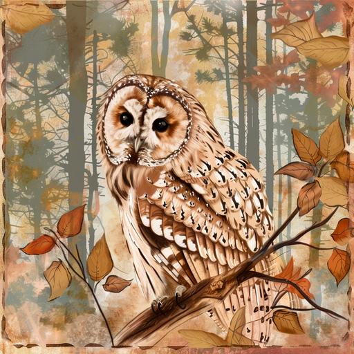 a beautiful illustration of a cute tawny owl, sitting in on a tree branch, facing the camera, alert, a coniferous woodland background, autumnal colours, stamperia style --style raw --v 6.0