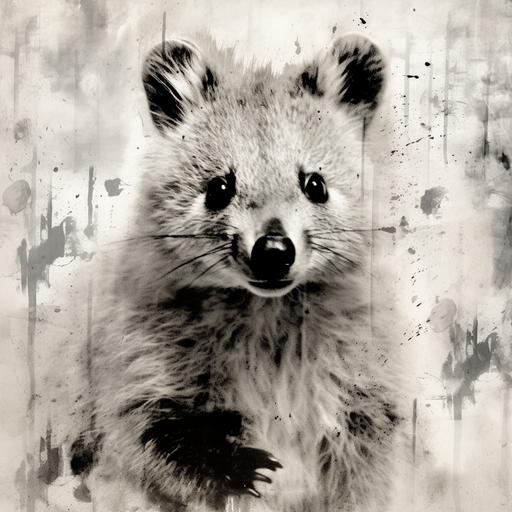 quokka, analog, texture collage, xerox collage, scanner collage, grunge ink leaks, contemporary, motion blur, black and white,