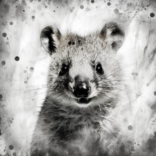 quokka, analog, texture collage, xerox collage, scanner collage, grunge ink leaks, contemporary, motion blur, black and white,