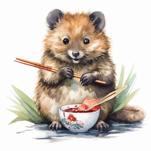 quokka eating sushi with chopsticks