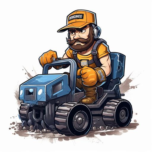 Digger a rugged hockey player, wearing a coal miners helmet riding a Zamboni. Request hard-edged sports graphic design with a character sheet capturing multiple angles. Emphasize the character's toughness and dedication. Specify a white background to enhance visual clarity --v 5.2