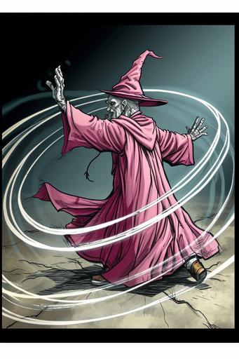 an Medieval Grunge pink robed wizard cartoon, art style of Keith Parkinson --no beard --chaos 78 --ar 2:3 --style raw --stylize 50 --weird 700 --v 6.0
