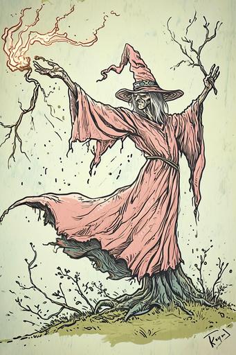 an Medieval Grunge pink robed wizard cartoon, art style of Keith Parkinson --no beard --chaos 78 --ar 2:3 --style raw --stylize 50 --weird 700 --v 6.0