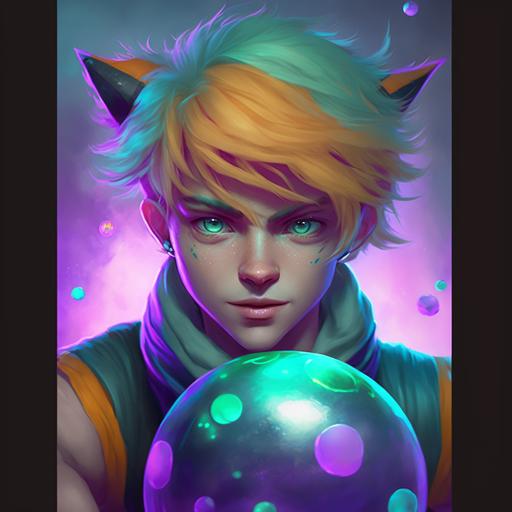 a boy with orange hair holding a green ball, inspired by Lan Ying, she has purple hair, perfect face template, young blonde boy fantasy thief, cosmic tiger, official artwork, aliased, riot, rainbow shift, he has no nose, leeloo, :: nixri, clickbait