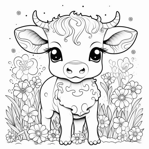 cute kawaii cow coloring book page black and white