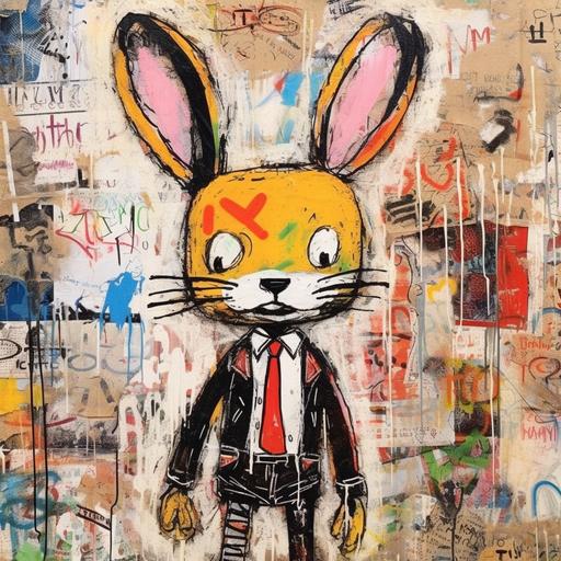 rabbit-eared, big-eyed cartoon characters against backdrops adorned with doodles and scrawl of spontaneous marks, style Jean-Michel Basquiat, Cy Twombly, a Mixed media on paper 70 × 50 cm, Drawing, Collage or other Work on Paper. --s 250 --v 5.1