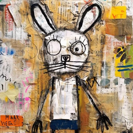 rabbit-eared, big-eyed cartoon characters against backdrops adorned with doodles and scrawl of spontaneous marks, style Jean-Michel Basquiat, Cy Twombly, a Mixed media on paper 70 × 50 cm, Drawing, Collage or other Work on Paper. --s 250 --v 5.1