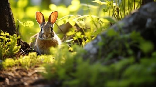 rabbit small size fluffy fur curious expression twitching nose alert ears bright eyes exploring forest dense vegetation towering trees dappled sunlight mossy ground fallen leaves hidden paths magical atmosphere vibrant colors playful butterflies chirping birds rustling sounds scent of wildflowers hopping and bounding inquisitive nature encountering friendly creatures crossing babbling brooks discovering cozy burrows climbing gentle slopes navigating winding trails encountering enchanting surprises feeling a sense of wonder exploring every nook and cranny capturing the essence of nature's beauty immersive experience whimsical details joyful and adventurous spirit,16K,detailed intricate,cinematic style,Inuyasha --ar 16:9 --style raw --v 5.2