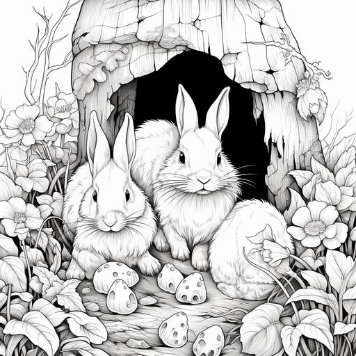 rabbits in a burrow for coloring book