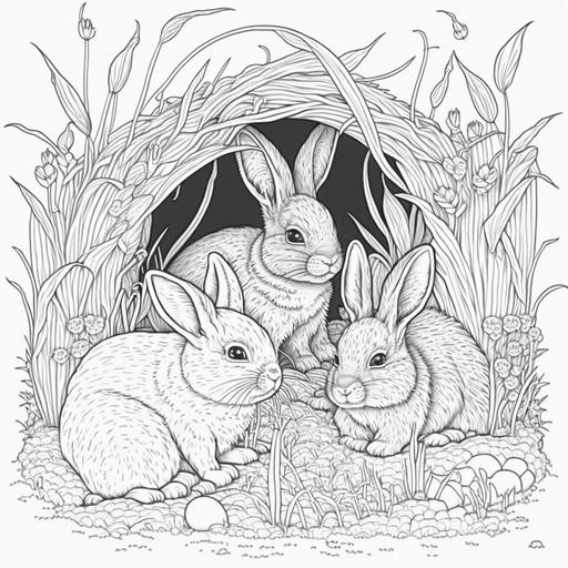 rabbits in a burrow for coloring book, art deco poster, poster, artstation --v 4