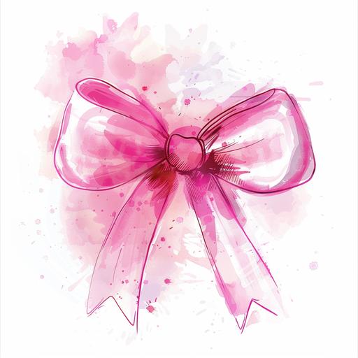 Create a pink watercolor bow keeping Gen Z in mind. Design a simple and stylish bow with a watercolor effect in shades of pink. Ensure that the bow has a modern and trendy appearance, with sleek lines and minimalistic detailing. Incorporate elements that resonate with Gen Z aesthetics, such as soft pastel colors or vibrant neon hues. Add a subtle texture to the bow to give it depth and dimension. The final illustration should be playful, feminine, and visually appealing, perfect for use in digital designs, social media posts, or fashion accessories.