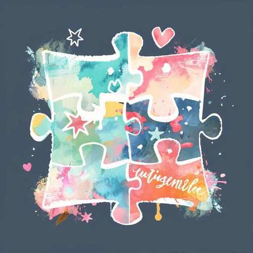 Design a fun, watercolor-inspired, and minimalistic t-shirt design featuring an autism puzzle piece for autism awareness, keeping a preschool teacher in mind. Create a charming illustration of a watercolor-style puzzle piece with soft and blended colors to convey a gentle and inclusive atmosphere. Incorporate elements of whimsy such as stars, hearts, or playful doodles to enhance the design's appeal. Ensure the design is minimalistic, with clean lines and a balanced composition. Add text elements such as 'Autism Awareness' or 'Inclusion Matters' in a playful and friendly font to reinforce the message. The final design should be fun, colorful, and perfect for a preschool teacher's wardrobe, reflecting their dedication to promoting understanding and acceptance of autism in the classroom